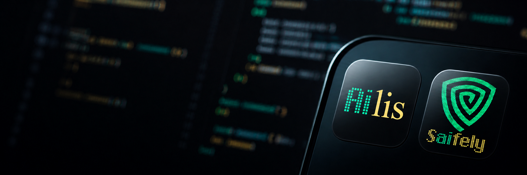 Dunkler Bildschirm mit unscharfem Programmcode, davor ein Handybildschirm mit den App-Icons von Ailis und Saifely
