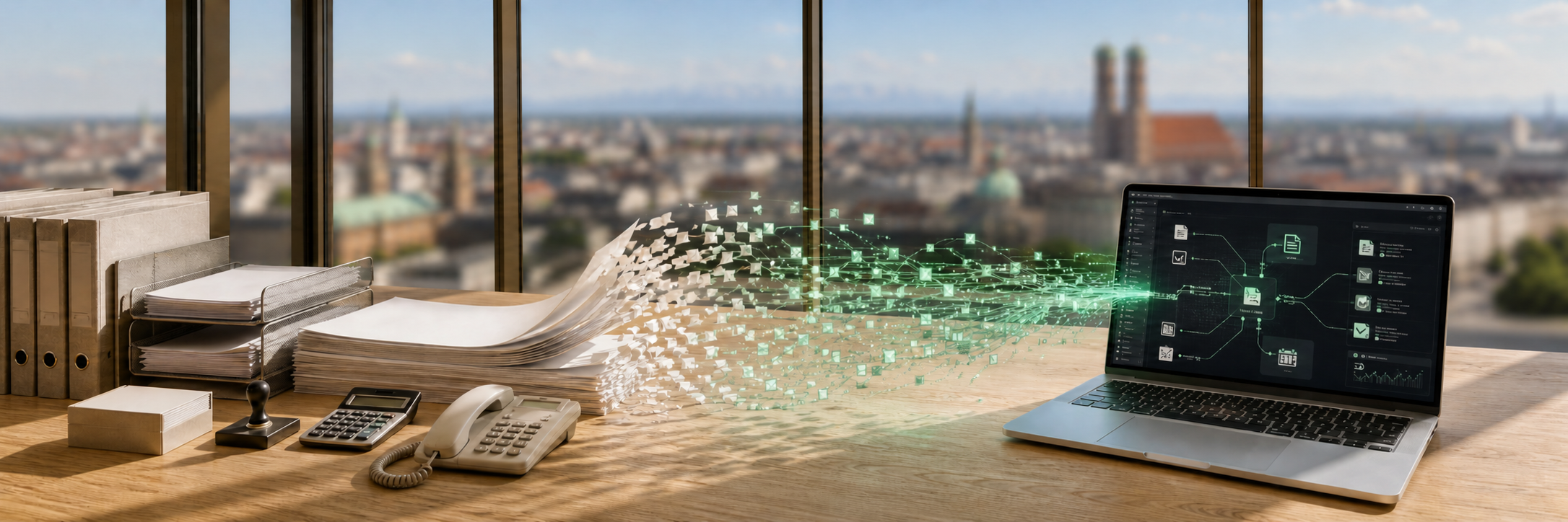 Heller Büroraum mit Blick über München: Von einem Papierstapel lösen sich Blätter, werden zu mintgrünen Datenknoten und laufen in einen Laptop mit Automatisierungsoberfläche