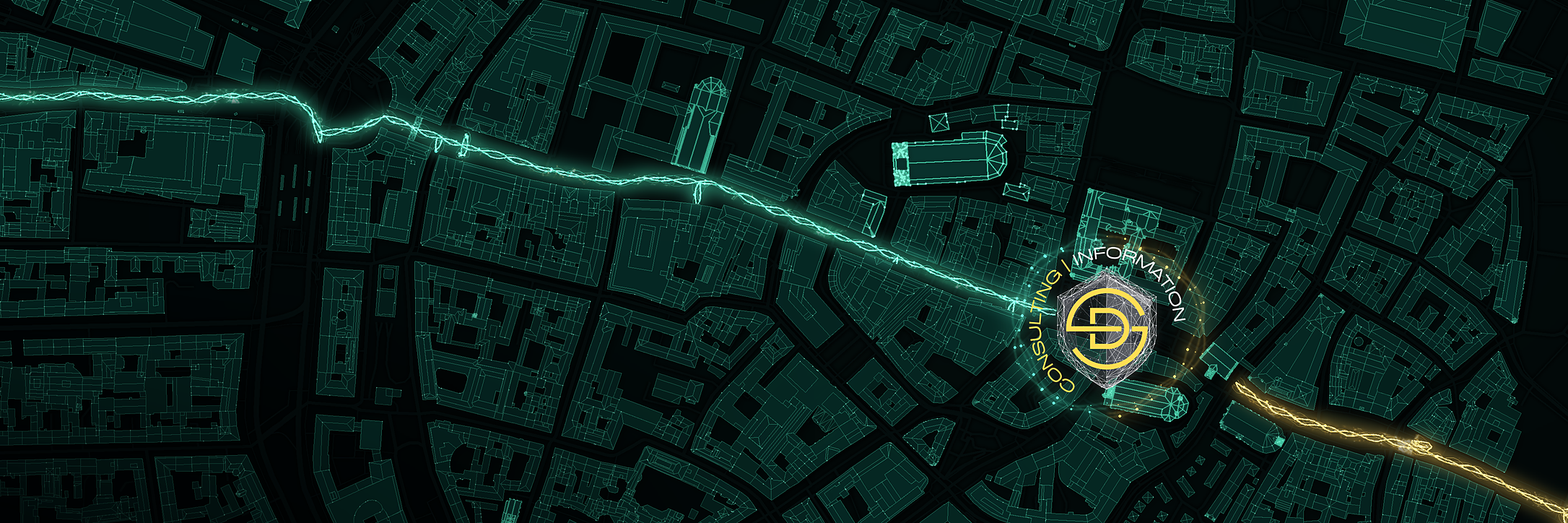 München um den Marienplatz von oben als digitaler Zwilling, zwei Lichtströme in Mint und Gold treffen sich im DSCI-Logo